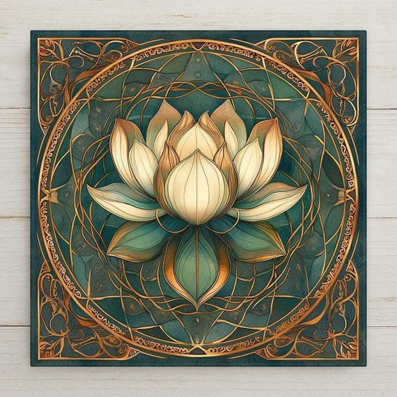 Art Nouveau Lotus Flower Tile: Teal & Gold Mandala Ceramic Wall Decor