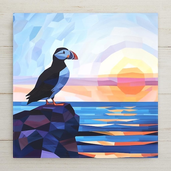 Puffin Ceramic Tile Wall Art – Coastal Bird Mosaic Style, Ocean Wildlife Decor, Nautical Home Decor, Nature Lover Gift