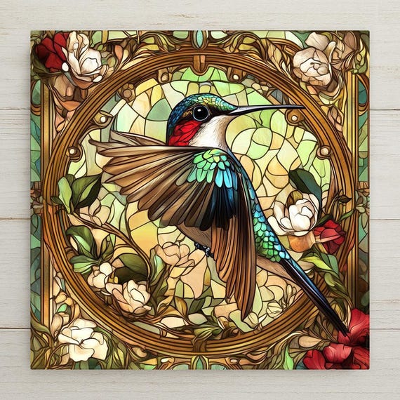 Art Nouveau Hummingbird Tile: Mucha-Inspired Stained Glass Ceramic Wall Decor, Trivet, Coaster