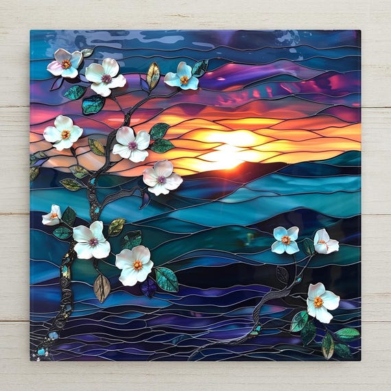 Stained Glass Dogwood Blossom Ceramic Tile Wall Art Sunset Glow Sculpted Floral Mountain Nature Decor Gift