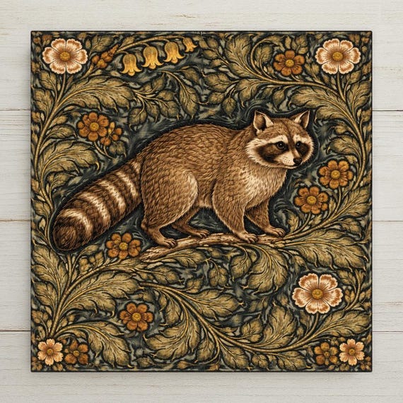 Raccoon Wall Art Ceramic Tile – William Morris Style Woodland Animal Decor – Rustic Cabin Wall Decor – Arts and Crafts Wildlife Home Decor