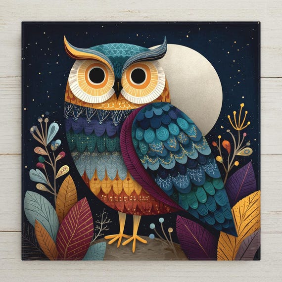 Moonlight Owl Folk Art Ceramic Art Tile: Celestial Wall Decor Rustic Nature Home Decor Owl Lover Gift Night Bird Art