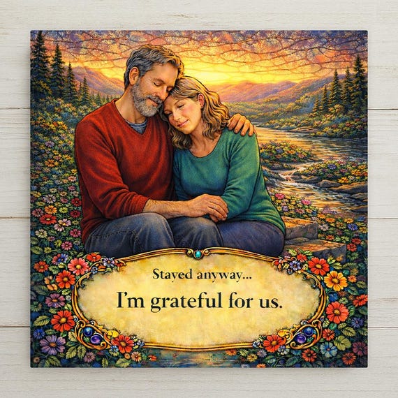 Anniversary Wall Art Ceramic Tile – Romantic Sunset Couple Decor, “Stayed Anyway” Marriage Gratitude Home Decor