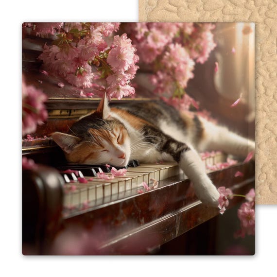 Sleeping Cat Piano Wall Art Ceramic Tile Stained Glass Style Cherry Blossom Flowers Musical Feline Decor Pet Lover Gift Cottagecore Home