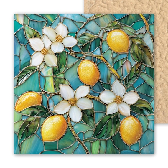 Art Nouveau Lemon Blossom Ceramic Tile - Teal & Gold Stained Glass Botanical Wall Decor