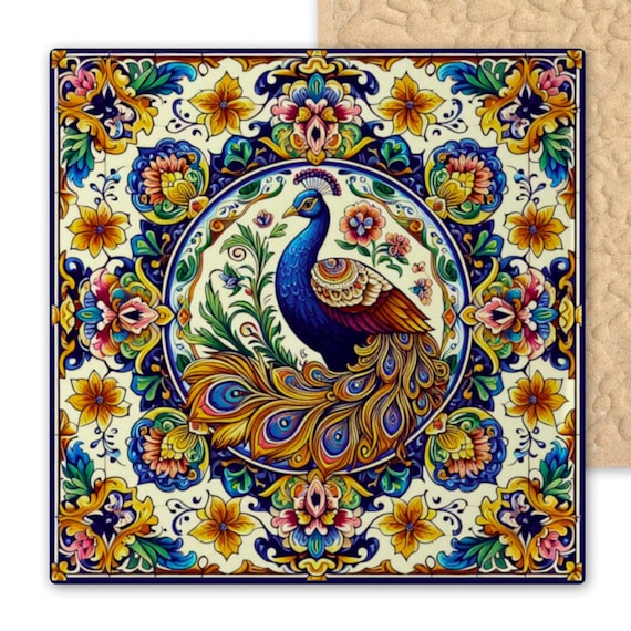 Talavera Peacock Ceramic Tile Art – Mediterranean Bird Wall Decor – Colorful Floral Tile for Kitchen, Patio, or Boho Eclectic Interiors