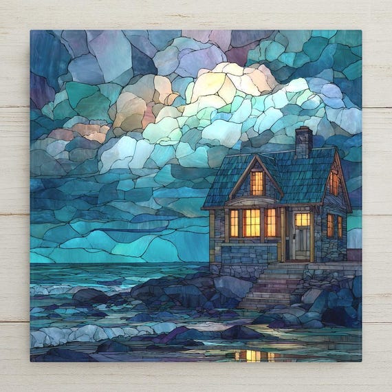 Coastal Cottage Ceramic Tile Wall Art – Stained Glass Style Beach House Decor, Meaningful Home Decor, Comforting Ocean Wall Art