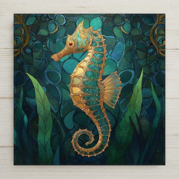 Mosaic Golden Seahorse Wall Art: Stained Glass Inspired Ocean Decor for Beach House & Coastal Homes