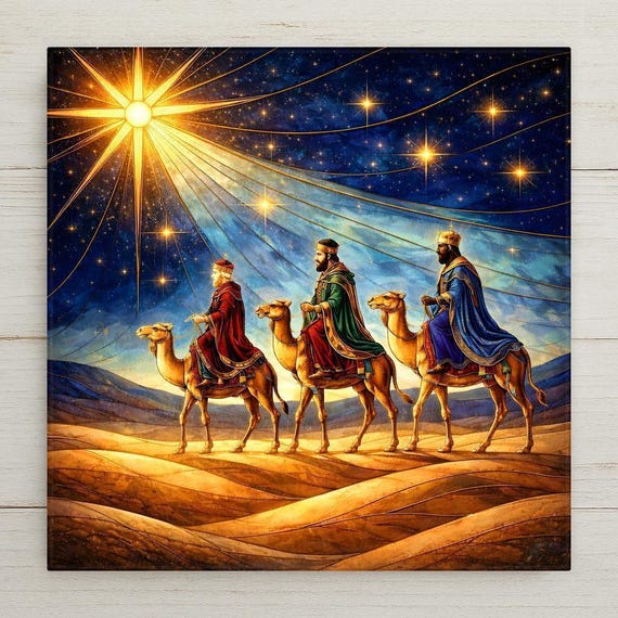 Three Wise Men Christian Wall Art Ceramic Tile – Stained Glass Nativity Star of Bethlehem Christmas Wall Decor Home Decor