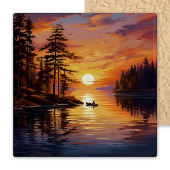 Serene Lake Sunset Ceramic Tile: Canoe Scene Wall Art for Cabin, Lodge, Rustic Lakehouse Decor