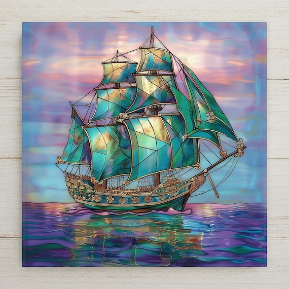 Teal Nautical Ceramic Tile Art: Stained Glass Style Sailing Ship for Coastal Home Decor