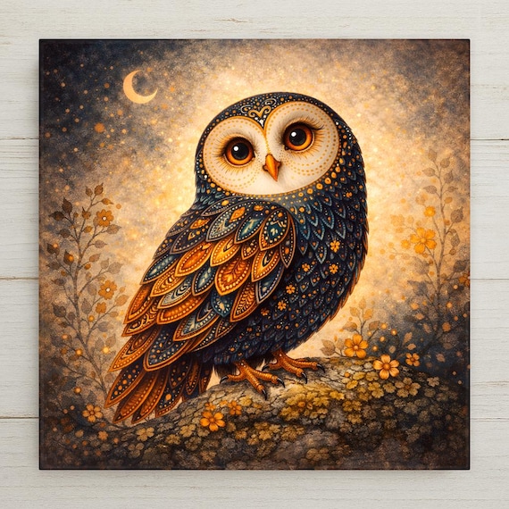 Owl Wall Art Ceramic Tile – Whimsical Night Owl Decor, Stained Glass Style Woodland Animal Home Decor Gift