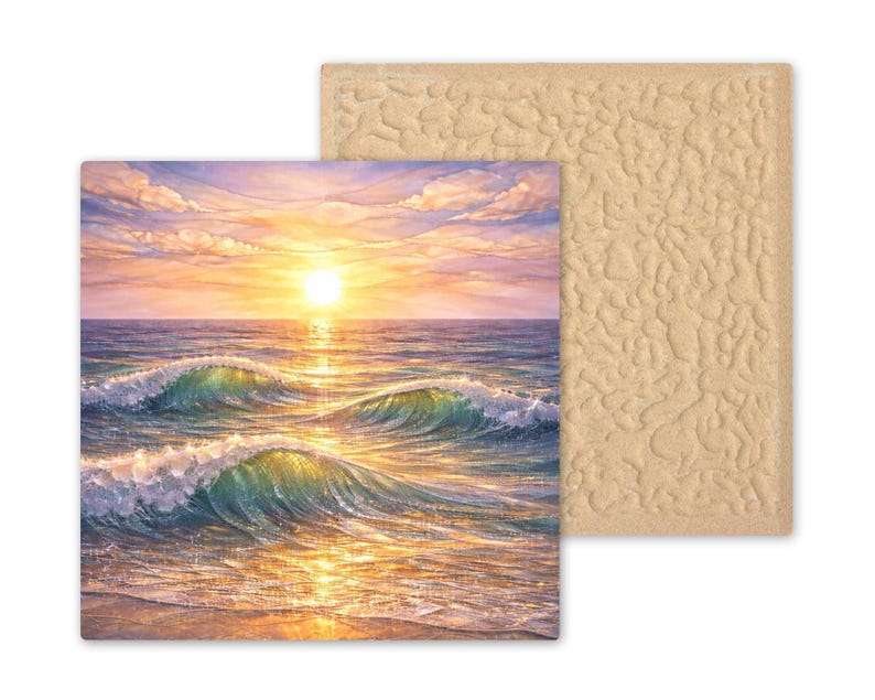 Ocean Sunset Ceramic Art Tile – Stained Glass Style Coastal Beach Wall ...