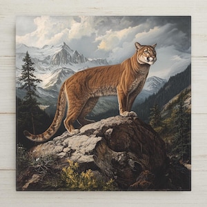 Audubon-inspired ceramic tile of a cougar standing on a rocky peak with mountain views. A bold wildlife accent for rustic, lodge, or western décor.