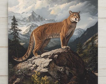 Könnte beinhalten: Ein quadratischer Wandkunstdruck, der einen hellbraunen Berglöwen zeigt, der auf einem großen, strukturierten grauen Felsen steht. Der Hintergrund zeigt eine weite Landschaft mit schneebedeckten Berggipfeln, dunkelgrünen Kiefern und einem bewölkten Himmel.
