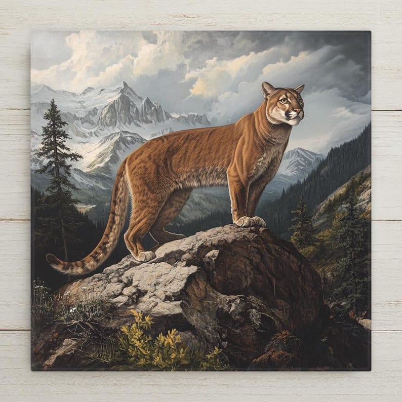 Audubon-inspired ceramic tile of a cougar standing on a rocky peak with mountain views. A bold wildlife accent for rustic, lodge, or western décor.