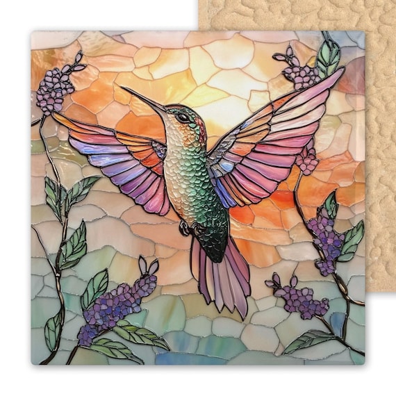 Vibrant Hummingbird Ceramic Tile: Stained Glass-Inspired Wall Art, Handmade Nature Decor, Bird Lover Gift