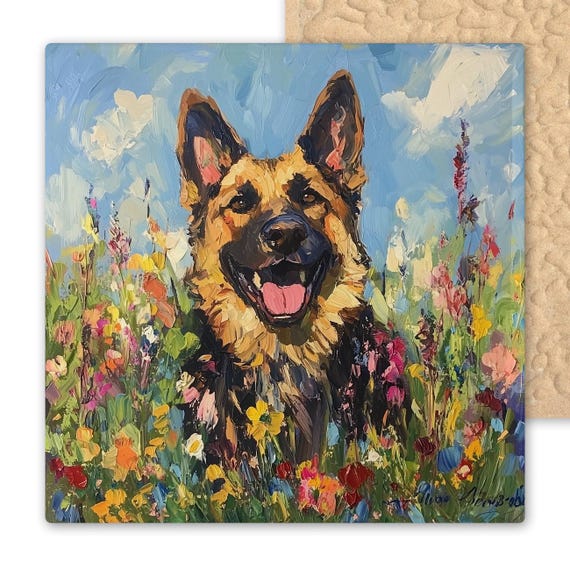 German Shepherd Ceramic Tile Art – Bold Impasto Dog Wall Art, Colorful Wildflower Pet Portrait, Handmade Whimsical Home Decoration Gift