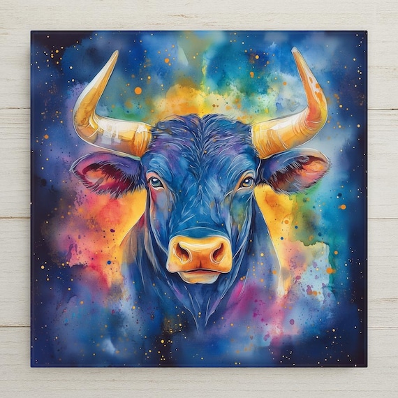 Vibrant Taurus Zodiac Bull Ceramic Tile Art - Colorful Astrology Wall Decor - Celestial Horoscope Gift