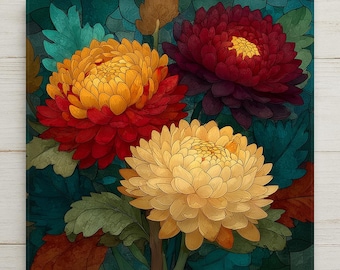 Chrysanthemum Wall Art Ceramic Tile November Birthday Gift Birth Month Flower Stained Glass Style Botanical Art