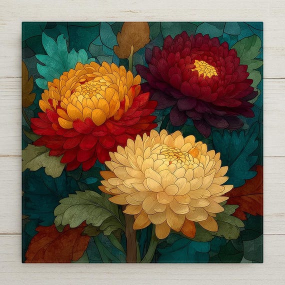 Chrysanthemum Wall Art Ceramic Tile November Birthday Gift Birth Month Flower Stained Glass Style Botanical Art