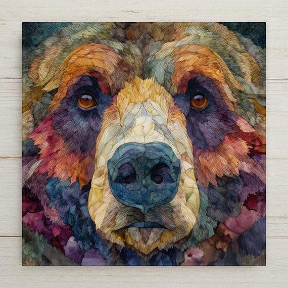 Grizzly Bear Ceramic Tile Wall Art – Stained Glass Style Wildlife Decor, Rustic Cabin Home Decor, Nature Wall Decor Gift