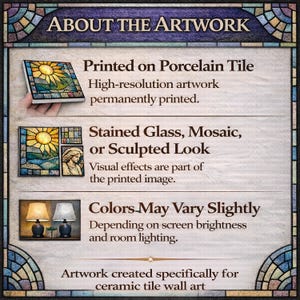 The image is a poster or informational graphic about artwork, featuring three different types of artwork: printed on porcelain tile, stained glass, and stained glass mosaic or sculpture.