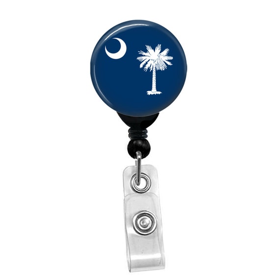 South Carolina State Flag Badge Reel – Crescent Moon Palmetto Tree ID Holder – SC Pride Nurse Gift – Retractable Clip for Work or School