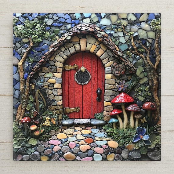Mosaic Fairy House Tile Art: Red Door Cottagecore Wall Decor