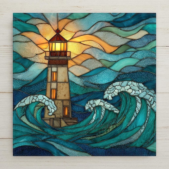 Lighthouse Ceramic Tile Wall Art - Stained Glass Style Coastal Ocean Nautical Home Decor