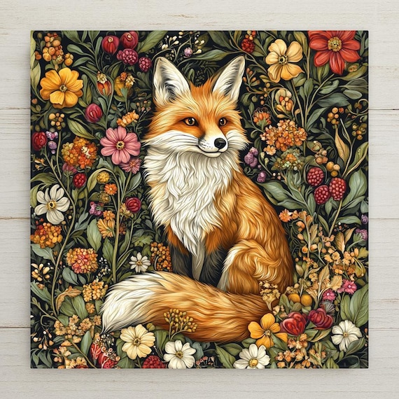 Art Nouveau Fox Ceramic Tile: William Morris Style Woodland Decor