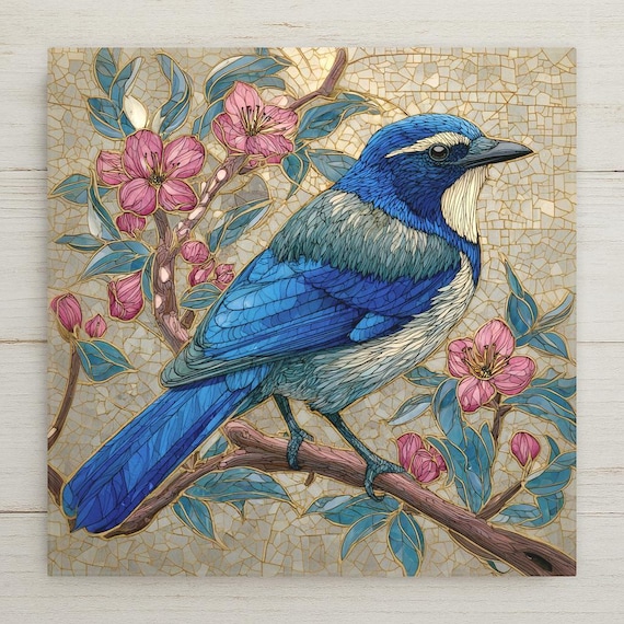 California Scrub Jay Ceramic Tile Art - Stained Glass Style Blue Bird Wall Decor - Nature Home Accent Gift