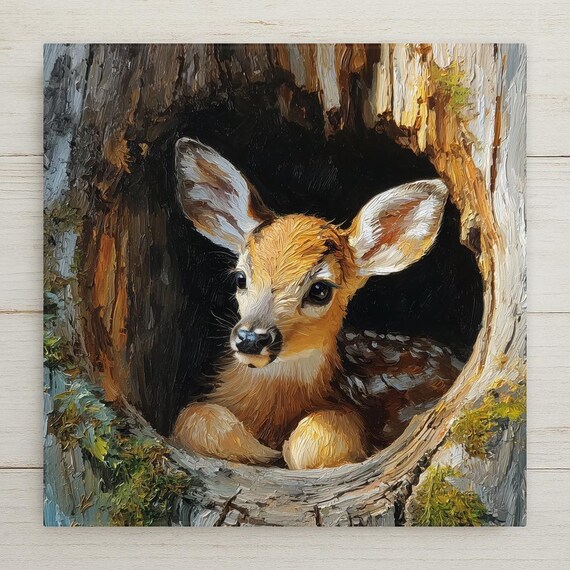 Fawn Ceramic Tile Wall Art - Woodland Deer Nursery Decor, Rustic Forest Wildlife Baby Animal Nature Home Accent