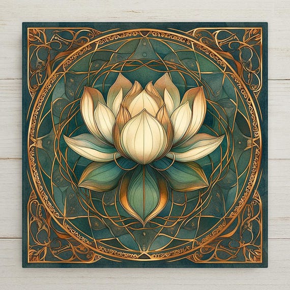 Art Nouveau Lotus Flower Tile: Teal & Gold Mandala Ceramic Wall Decor