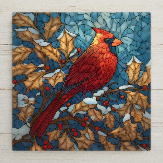 Cardinal Ceramic Tile Wall Art - Stained Glass Red Bird Winter Holiday Nature Woodland Home Decor Gift