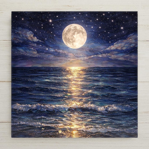 Moonlit Ocean Ceramic Tile Wall Art – Full Moon Seascape, Stained Glass Style Night Ocean, Coastal Wall Decor, Home Decor Gift