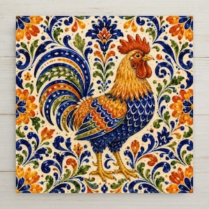 May include: A square ceramic tile featuring a central rooster illustration with a red comb, yellow neck feathers, and a blue body. The background is decorated with symmetrical floral and scroll patterns in shades of blue, orange, and green.