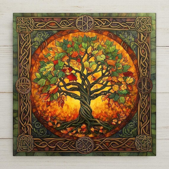 Celtic Tree of Life Ceramic Tile: Pagan Autumn Wall Art for Home, Altar, and Druid Decor