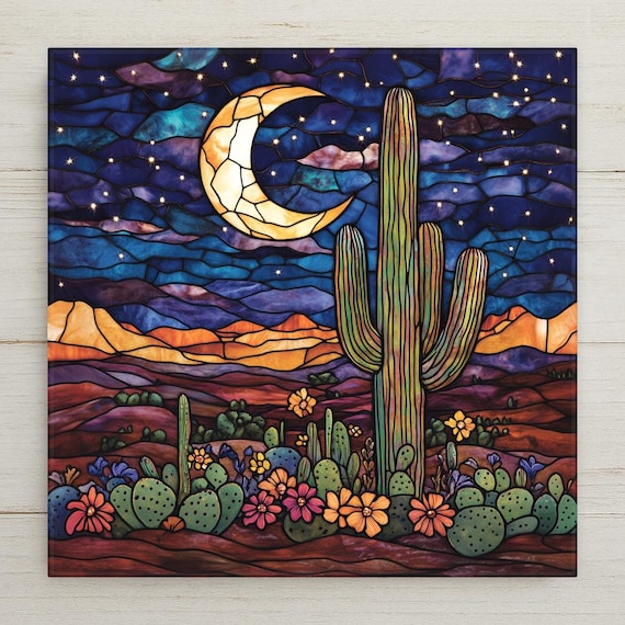 Southwestern Ceramic Tile Art: Stained Glass Cactus, Moon, and Stars Desert Wall Decor