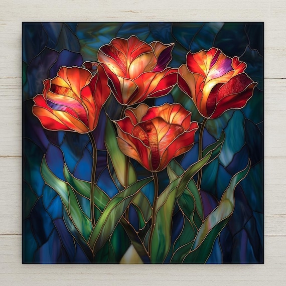 Red Tulip Wall Art Ceramic Tile – Stained Glass Floral Decor, Bold Orange Botanical Home Decor, Vibrant Flower Wall Decor