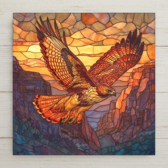 Golden Canyon Hawk Ceramic Tile Wall Art – Stained Glass Sunset Wildlife Decor, Rustic Nature Home Decor, Southwest Wall Art Gift Tile