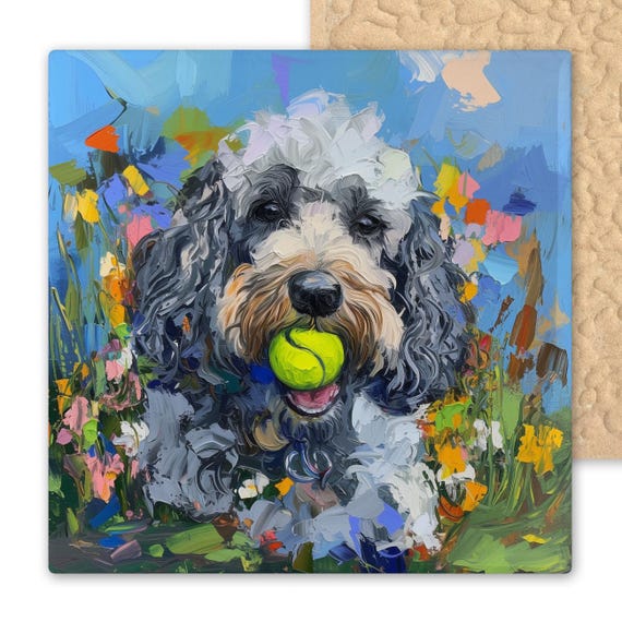 Poodle Ceramic Tile Art – Curly Dog Wall Art with Tennis Ball in Floral Field – Colorful Pet Portrait Gift for Poodle Lovers and Owners