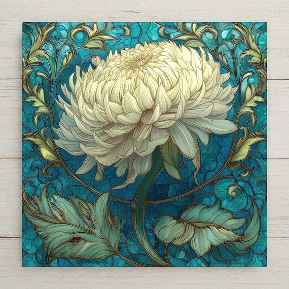 White Dahlia Wall Art Ceramic Tile – Cream Floral Stained Glass Decor – Botanical Wall Decor – Cottagecore Home Decor Gift