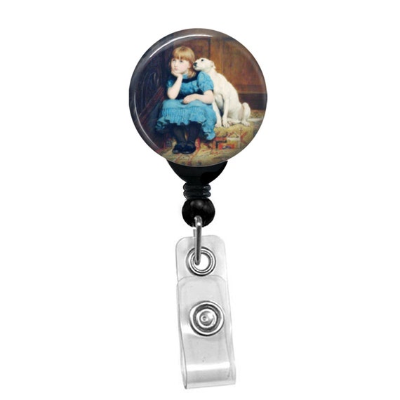 Briton Riviere Sympathy - Girl In Blue Dress With Dog Badge Reel Holder ID Card Name lanyard Tag Retractable Badge Holder