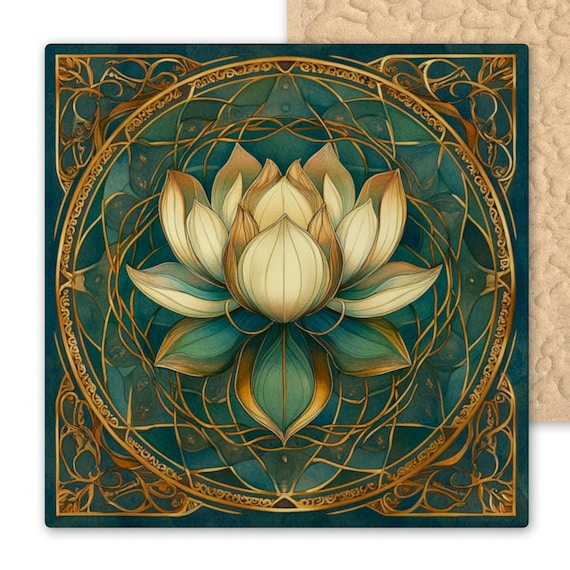 Lotus Flower Ceramic Tile Art – Art Nouveau Wall Decor – Teal and Gold Botanical Mandala Tile – Spiritual Boho Floral Ceramic Home Accent