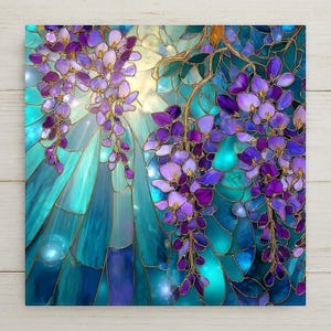 May include: A square wall art piece featuring a stained glass style illustration of cascading purple wisteria flowers against a vibrant teal and turquoise background. The design includes intricate gold outlines separating the glass-like segments.