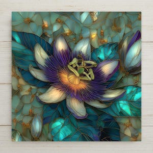 May include: A square decorative panel featuring a stylized passion flower design. The flower has purple, white, and yellow petals with a green center. The background is a mosaic of teal and blue leaves with gold outlines.