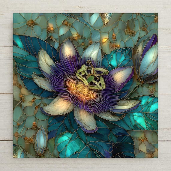 Passionflower Wall Art Ceramic Tile Botanical Gift Purple White Decor Exotic Flower Art Nature Lover Gift Tile