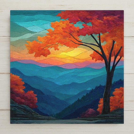Smoky Mountains Sunset Ceramic Tile Mosaic - Stained Glass Style Landscape Wall Art Decor Nature Gift