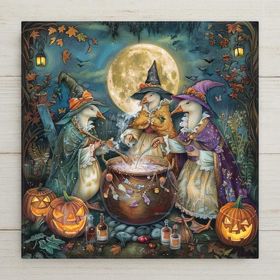 Whimsical Witch Goose Halloween Tile: Ceramic Art Print with Pumpkins